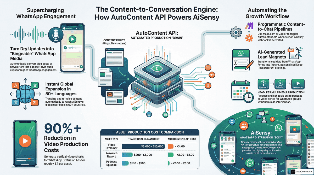 AutoContent API infographic for https://aisensy.com/