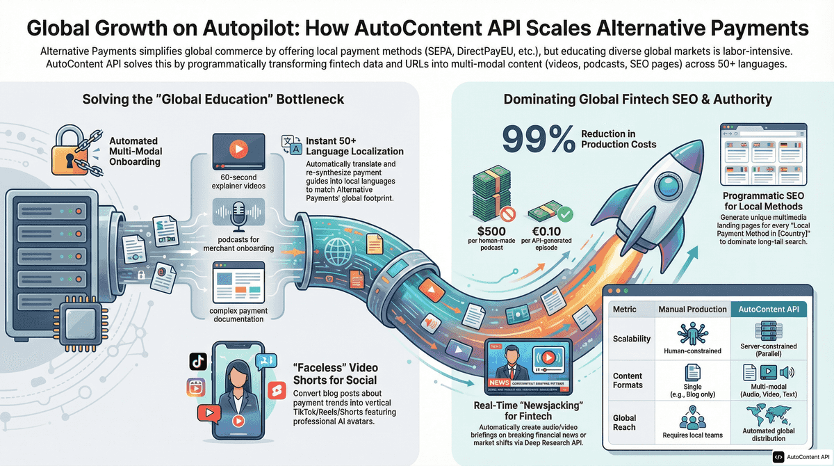 AutoContent API infographic for https://alternativepayments.com/