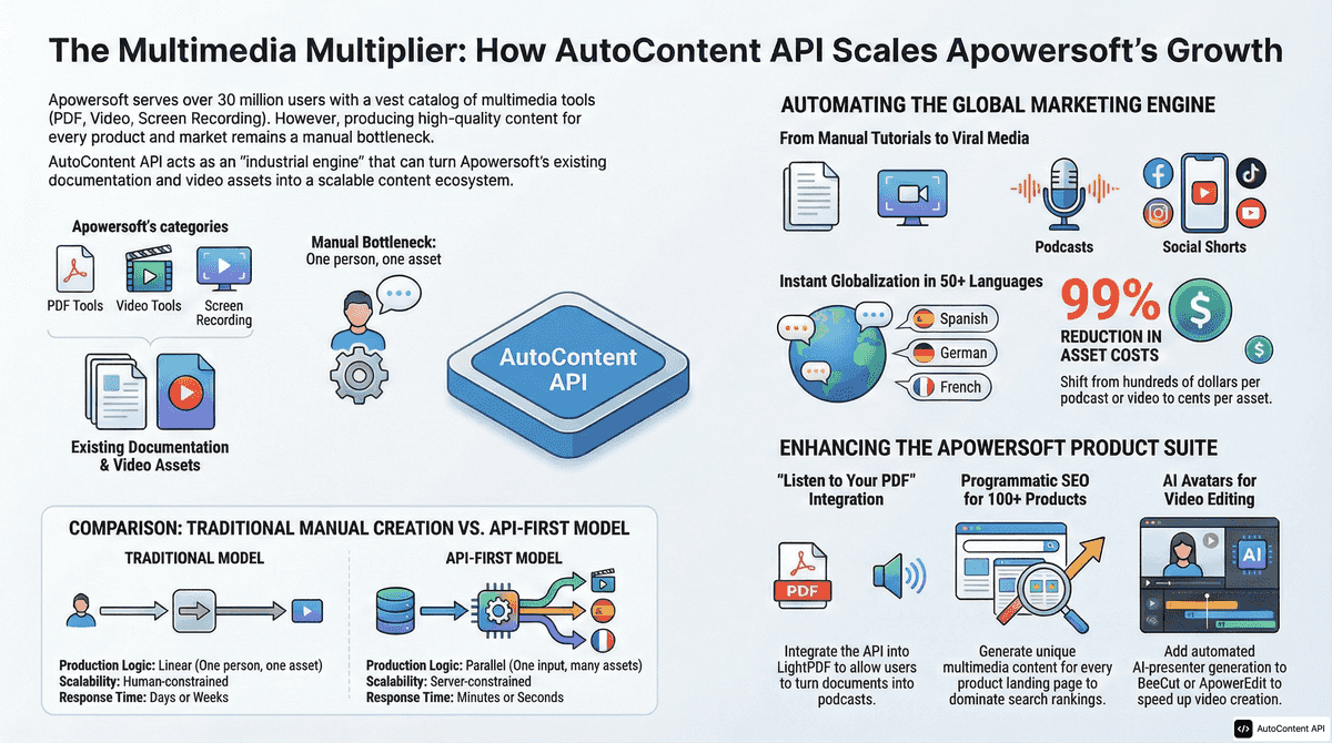 AutoContent API infographic for https://apowersoft.com/