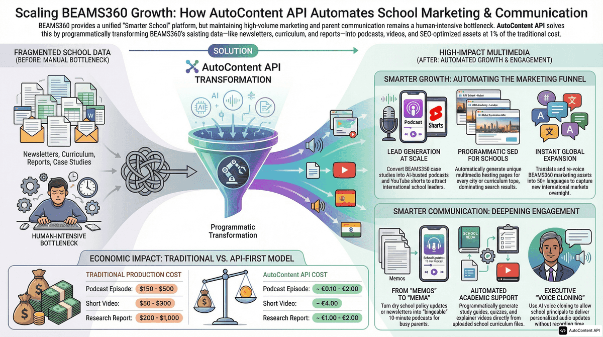 AutoContent API infographic for https://beams360.com/