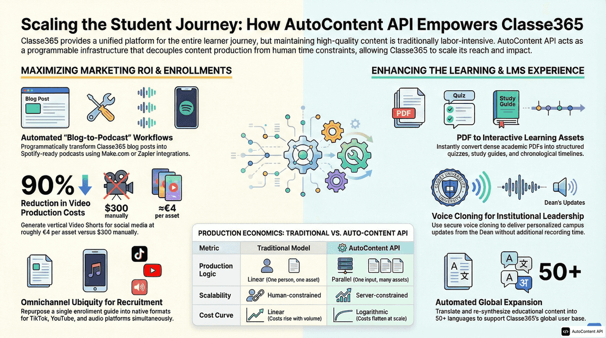 AutoContent API infographic for https://classe365.com/