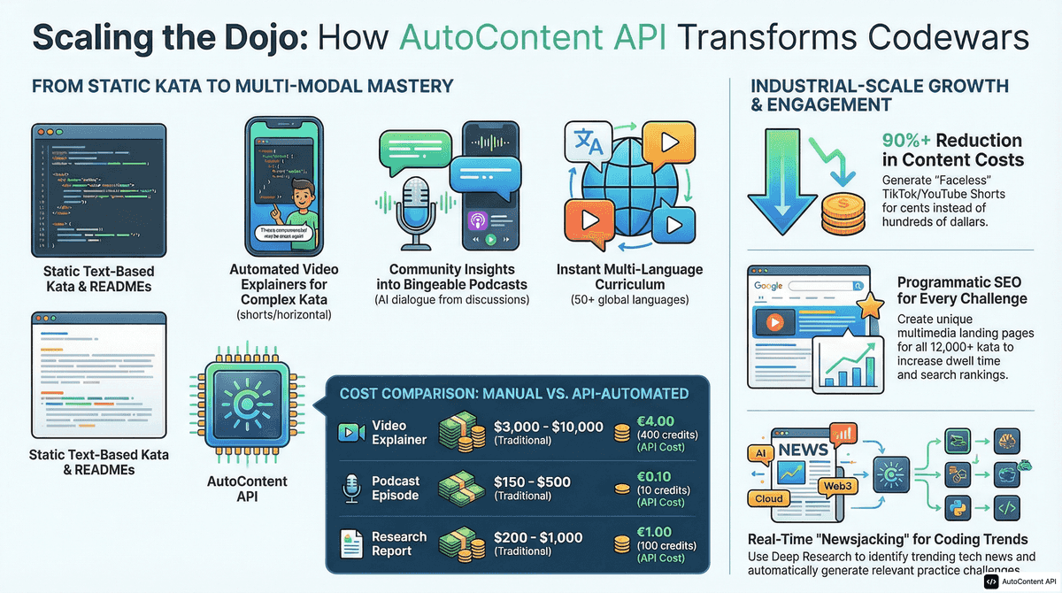 AutoContent API infographic for https://codewars.com/