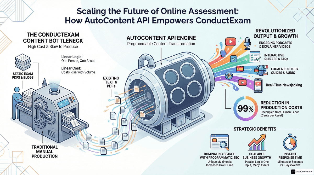 AutoContent API infographic for https://conductexam.com/