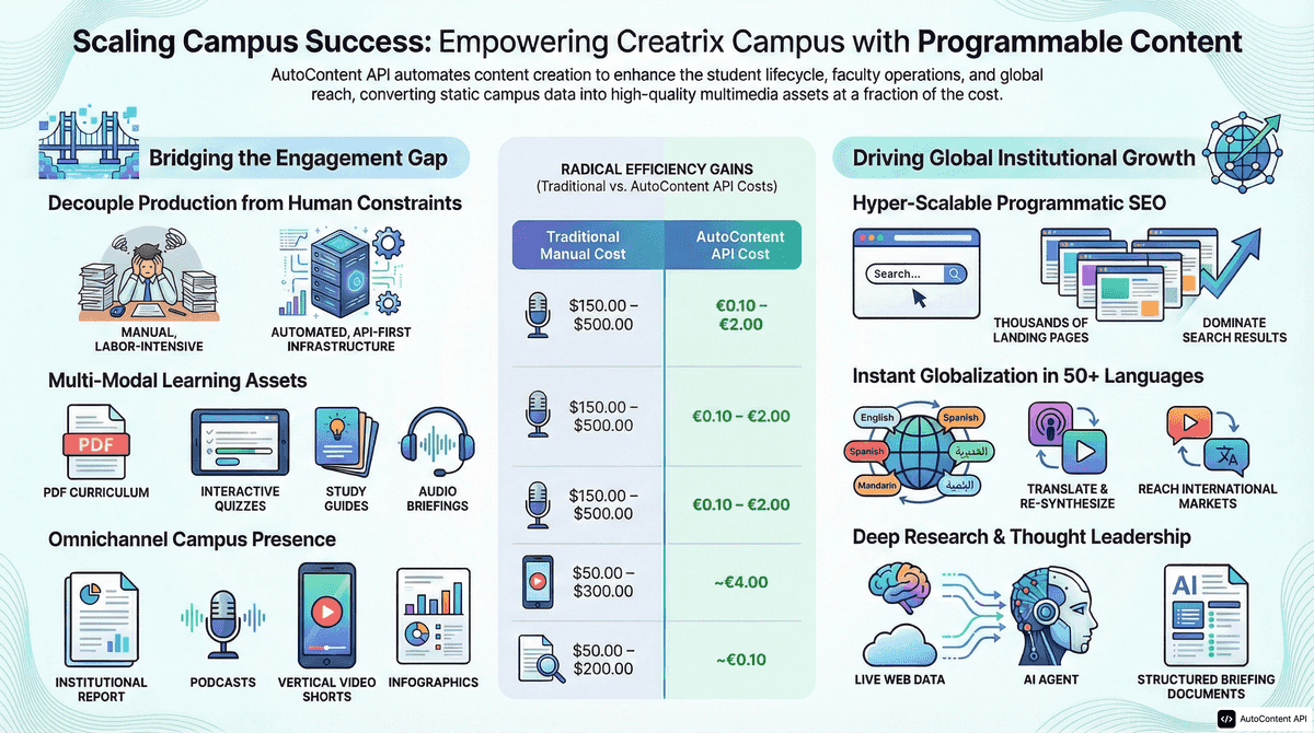 AutoContent API infographic for https://creatrixcampus.com/