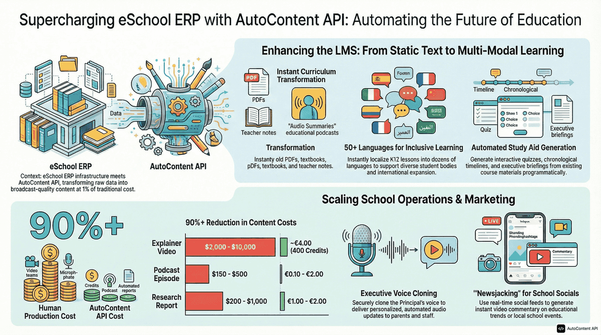 AutoContent API infographic for https://eschoolerp.com/