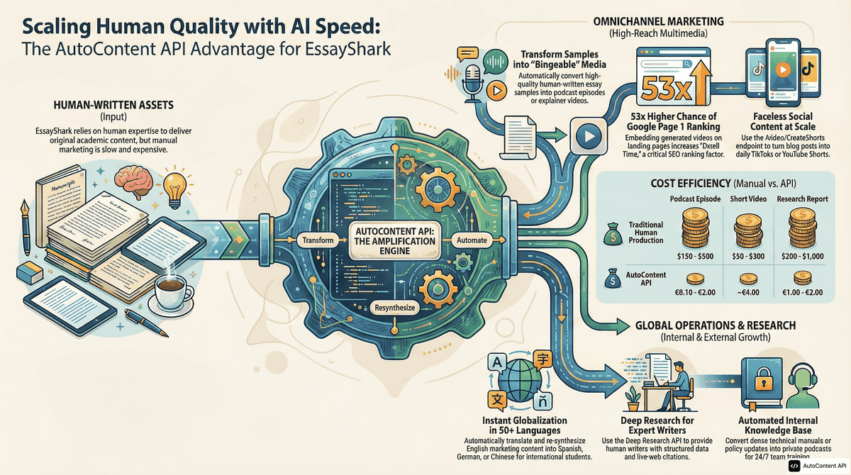 AutoContent API infographic for https://essayshark.com/