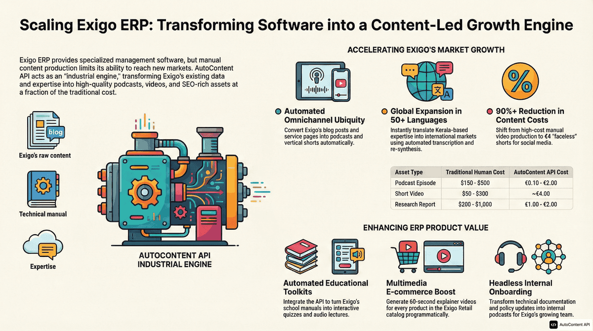 AutoContent API infographic for https://exigoerp.com/