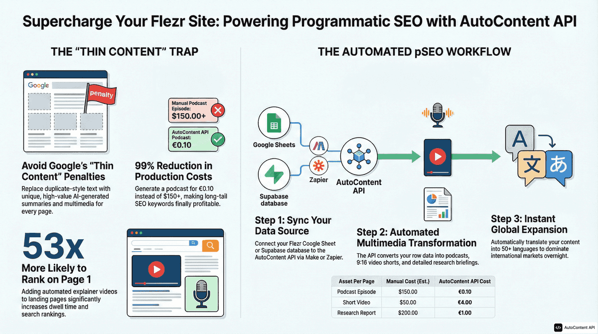 AutoContent API infographic for https://flezr.com/