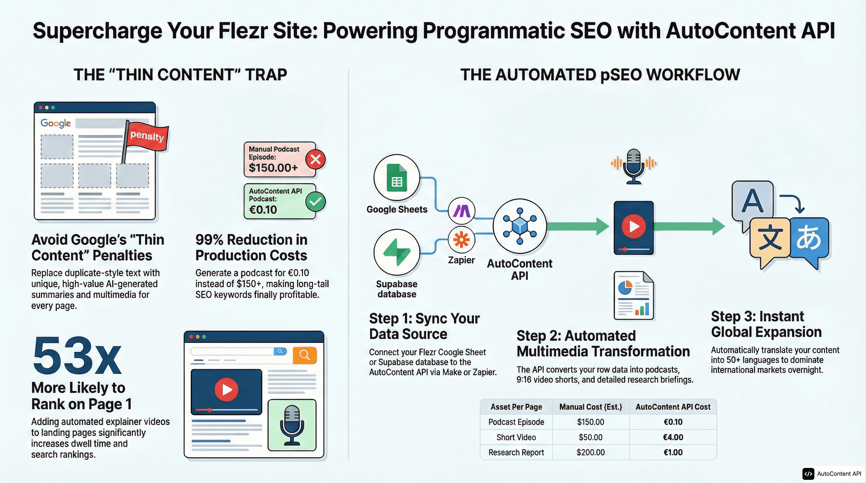 AutoContent API infographic for https://flezr.com/