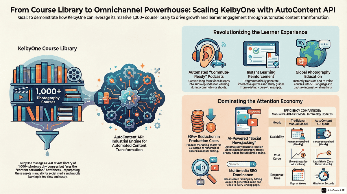 AutoContent API infographic for https://kelbyone.com/