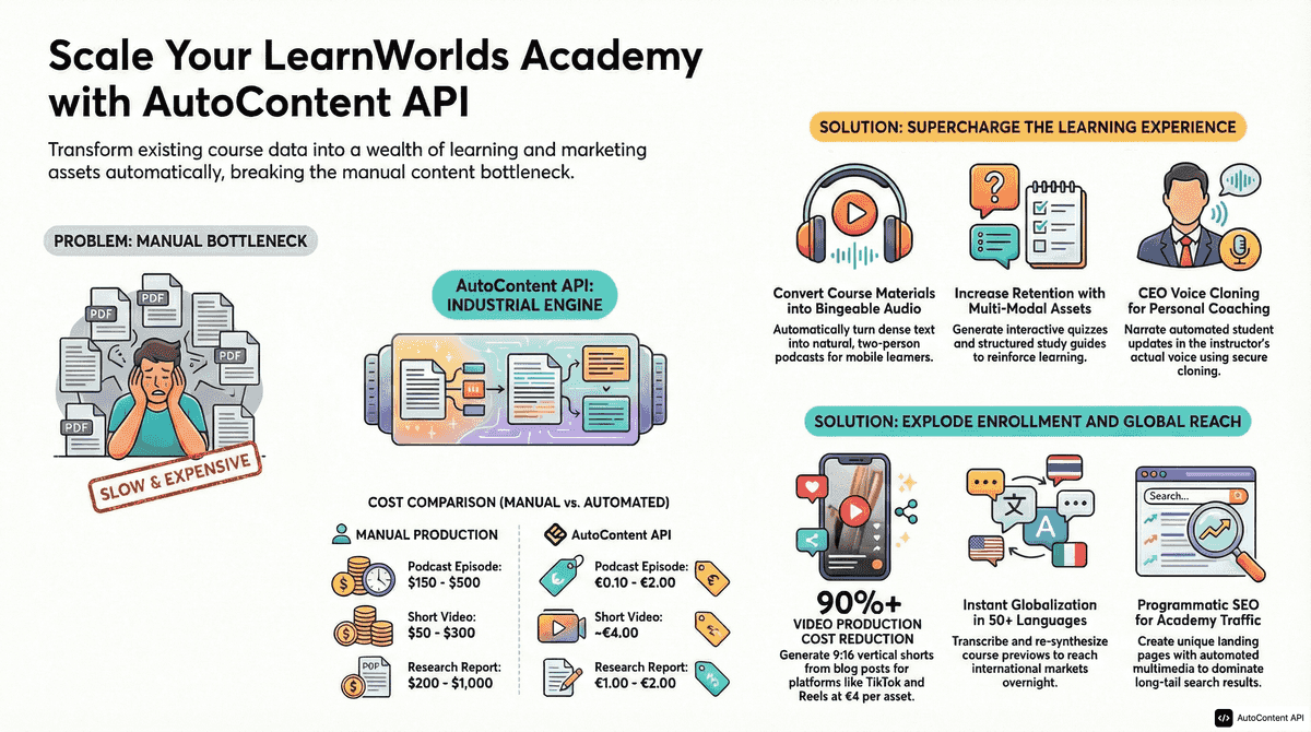 AutoContent API infographic for https://learnworlds.com/