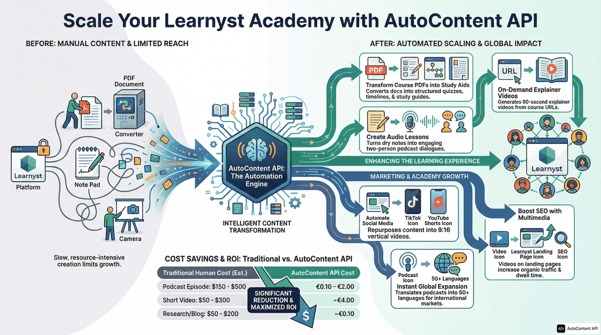 AutoContent API infographic for https://learnyst.com/