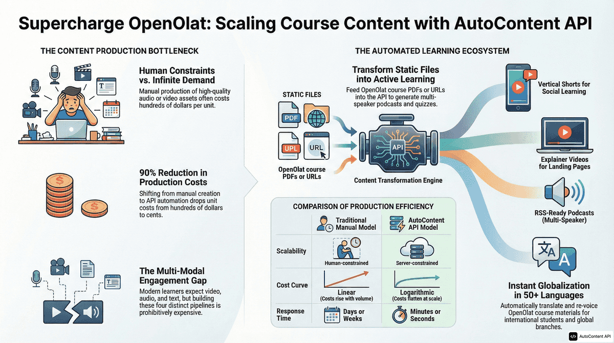 AutoContent API infographic for https://openolat.com/