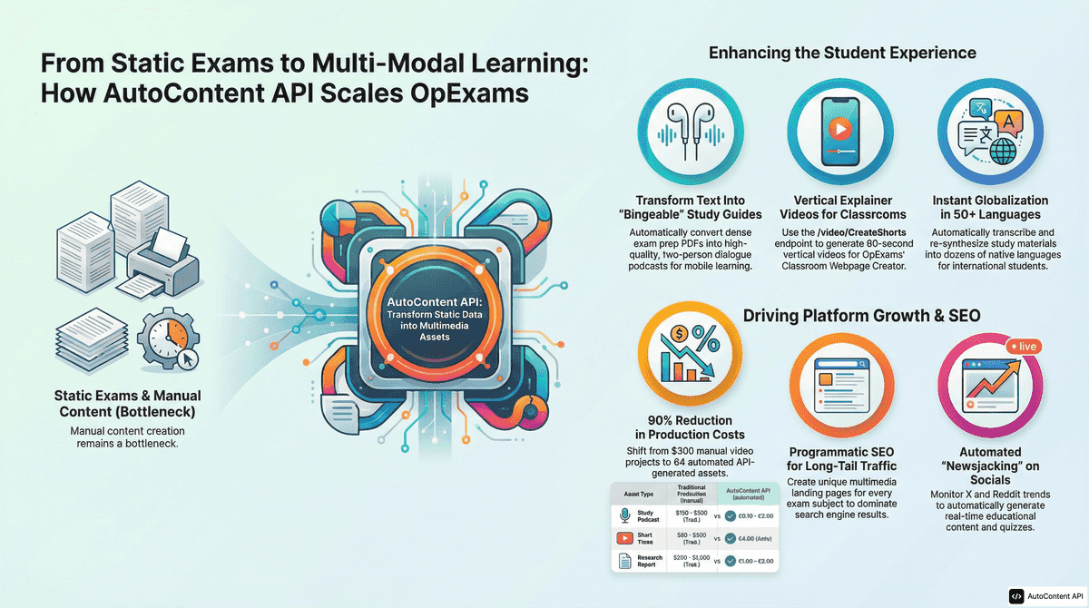 AutoContent API infographic for https://opexams.com/