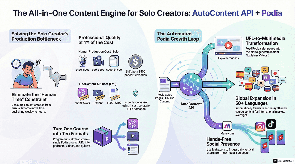 AutoContent API infographic for https://podia.com/