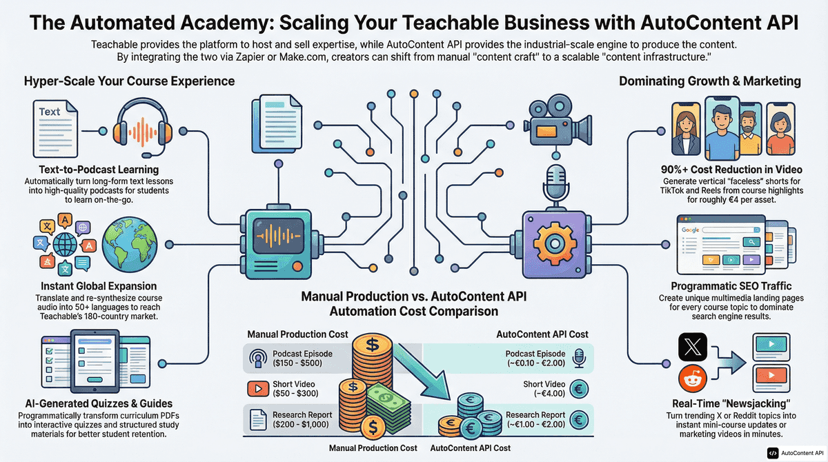 AutoContent API infographic for https://teachable.com/